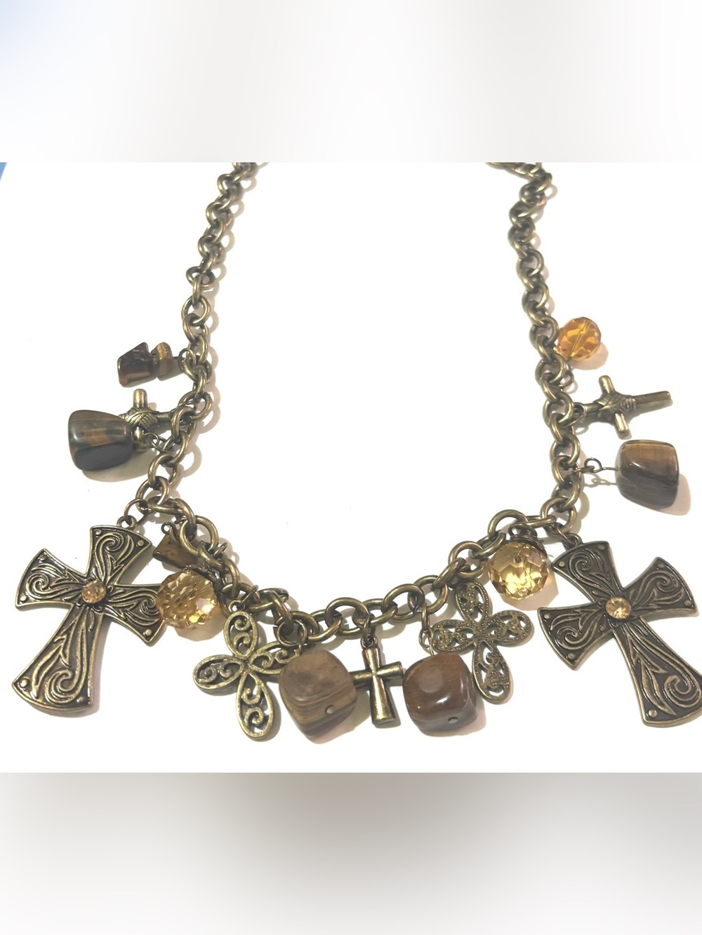 Vintage Bronze-Tone Cross Charm Necklace with Amber and Brown Accents